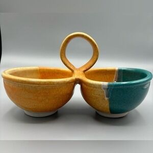 Walt‎ Glass Studio Art Signed Pottery Double Bowl with Handle Drip Glaze